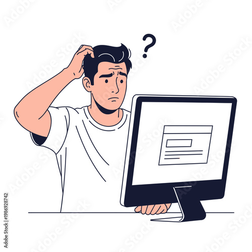 Confused Man Scratching Head Looking at Computer Screen.