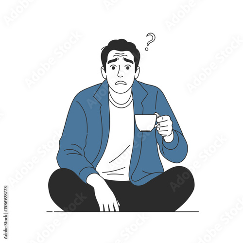 Confused Man Sitting Crosslegged Holding Coffee Cup with Question Mark Above Head.