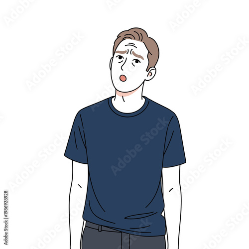 Confused young man looking up with a puzzled expression.