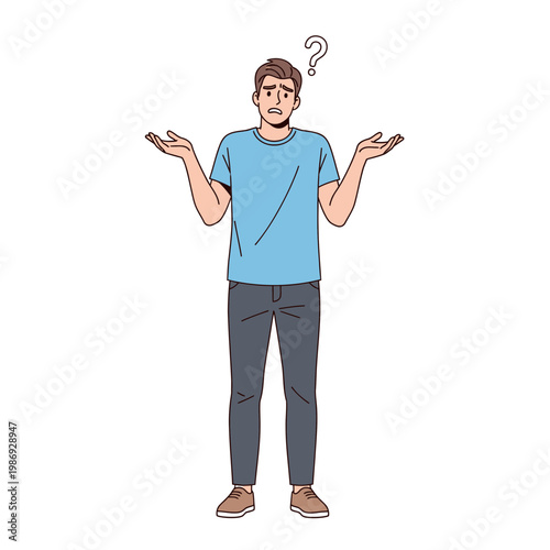 Confused Young Man Shrugging Shoulders with Question Mark Above Head.