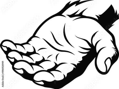 Comic style open hand vector, reaching palm gesture, black and white hand illustration for design