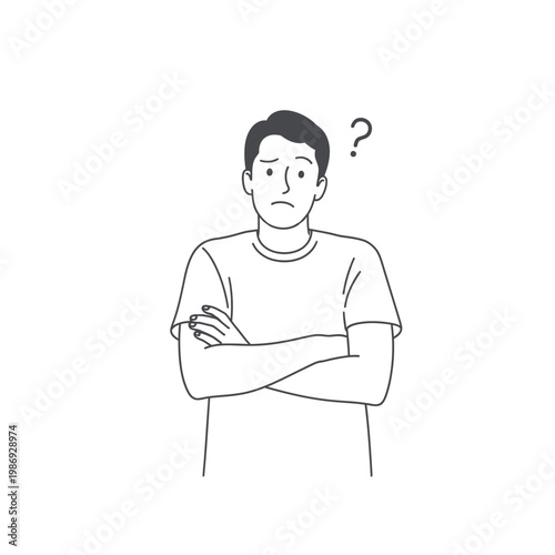 Confused young man with arms crossed and a question mark above his head.