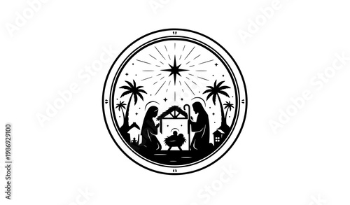 Nativity silhouette badge logo vector with holy family star and palm trees circular religious Christmas design