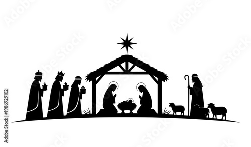 Nativity scene silhouette vector with holy family wise men shepherd and star minimalist Christmas religious illustration