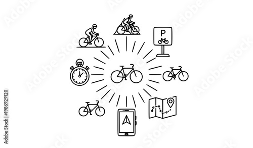 Cycling activity outline icons vector with rider fitness tracking navigation and bicycle lifestyle linear set