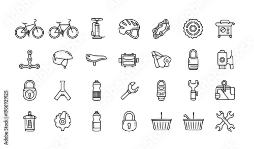 Bicycle outline icon set vector with cycling equipment tools and accessories editable stroke linear collection