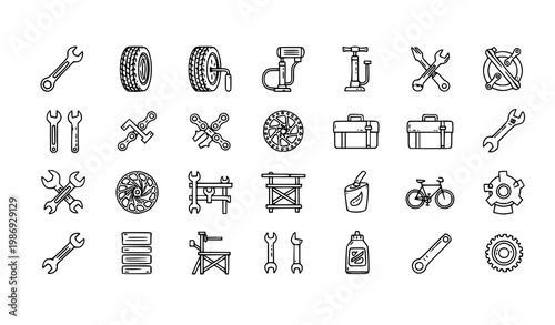 Bicycle repair outline icon set vector with maintenance tools workshop equipment editable stroke linear design