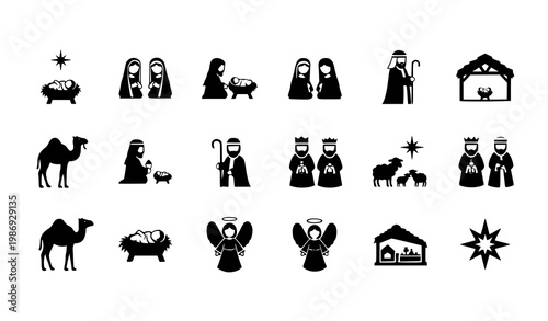 Nativity silhouette icon set vector with manger holy family wise men angel and camel Christmas collection