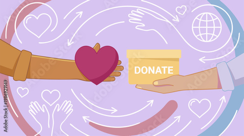 Hands exchanging heart and donation box, symbolizing charity and giving