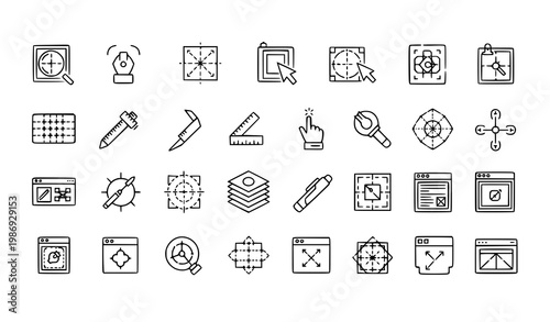 Blueprint UI outline icon set vector with drafting interface tools grid zoom and measurement editable stroke design