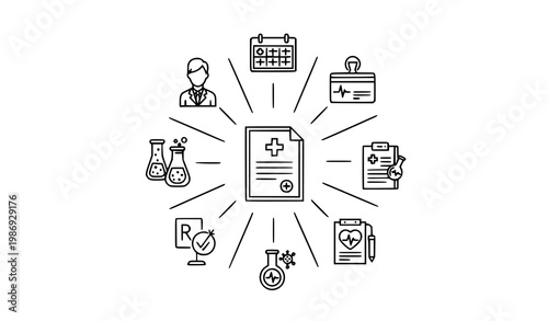 Medical diagnostic process outline icons vector with checkup workflow lab testing RX infographic editable stroke