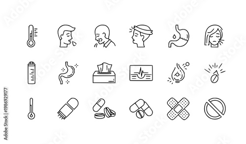 Sickness and illness outline icon set vector with symptoms fever cough pain medicine editable stroke linear collection