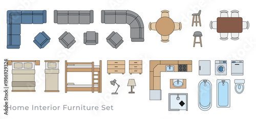 Set of home interior furniture icons. Top view vector illustrations of sofa, table, bed, kitchen, bath and toilet for architectural floor plan design and apartment layout planning.