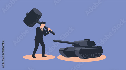 Businessman with sledgehammer ready to strike a military tank