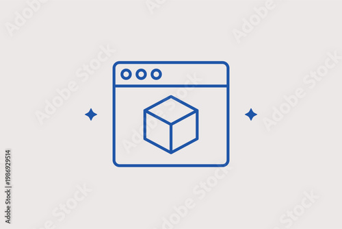 Browser window displaying a 3D cube perfect for web-based modeling. Creative Vector Illustration and line icon is ideal for SaaS platforms, 3D design software, and web tools.