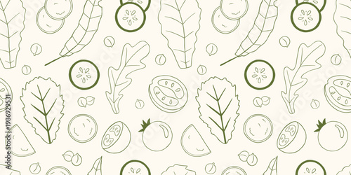 Vector seamless pattern green hand drawn outline sketch monochrome doodle print with tomato, cucumber, salad leaf element on light background. Fresh vegetable wallpaper, organic wrapping paper design.