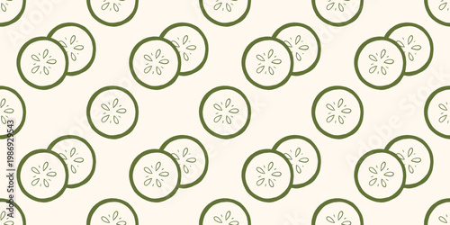 Vector green hand drawn outline sketch monochrome doodle seamless pattern with cucumber slice on soft backdrop. Vegetable cucumber repeat background for kitchen textile, packaging, paper print design.