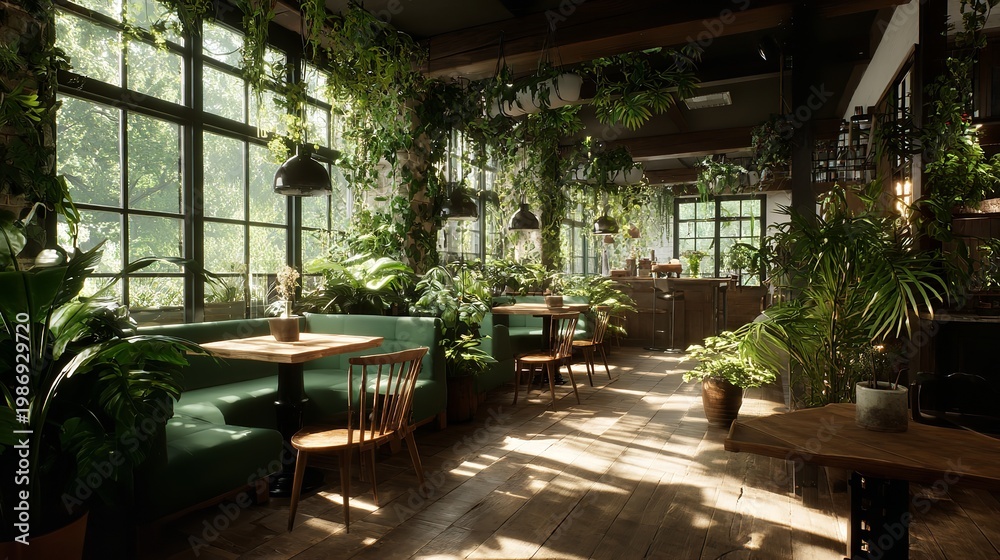 Fototapeta premium Cozy cafe interior with wooden tables and green seating
