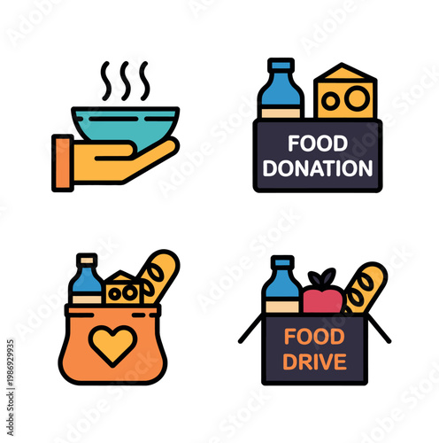 Food donation icons vector set hand holding soup plate food box bread bag and water donation symbols for charity and humanitarian design