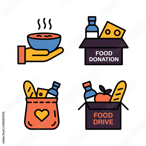 Food donation icons collection featuring hand serving soup plate food package bread bag and water symbols for hunger relief and charity support design