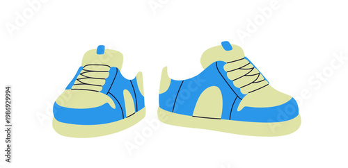 Sneakers pair, sports shoes. Foot wear with laces, bicolor model. Active comf...