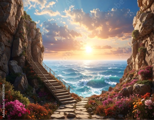 A serene seaside scene unfolds with rugged cliffs framing a staircase leading to a path of stone and vibrant blooms. A sunset over ocean