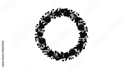 Floral wreath silhouette vector, black botanical circular frame with wild flowers and leaves, elegant garden border for wedding invitations