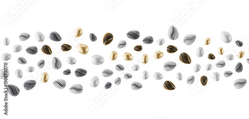 Artistic rendering of abstract pebble-like shapes with metallic and textured surfaces, floating against a clean white ba