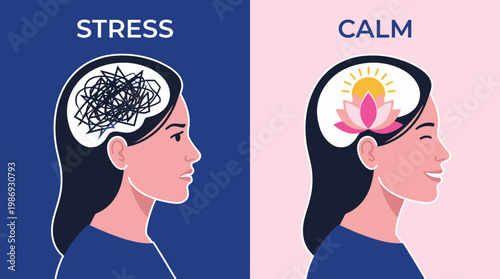 Conceptual illustration contrasting stressed and calm mental states.