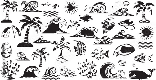 A versatile collection of high contrast vector graphic icons featuring stylized palm trees swirling ocean waves tropical suns exotic fish and intricate coral elements designed for creative branding