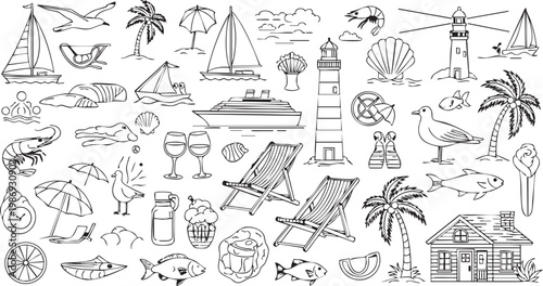 This comprehensive set of coastal vector illustrations features a variety of maritime themed elements including sailboats, lighthouses, palm trees, sea creatures, cruise ships, beach chairs