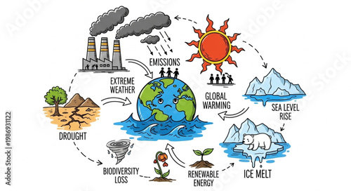 Global Warming Cycle - Depicting Causes, Effects, and Environmental Impact.