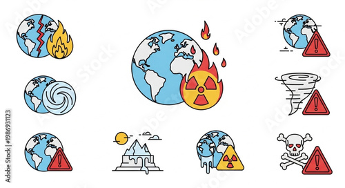 Collection of Earth in Crisis Icons Representing Global Issues.