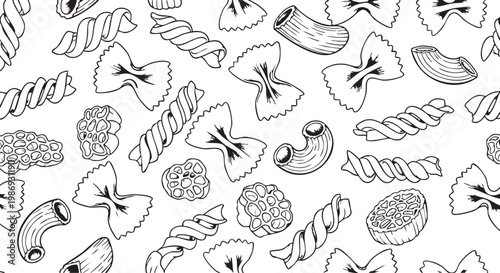 A delightful monochrome vector illustration showcasing a rich variety of classic Italian pasta shapes, including elegant farfalle, twisted fusilli, and curved macaroni, forming a charming