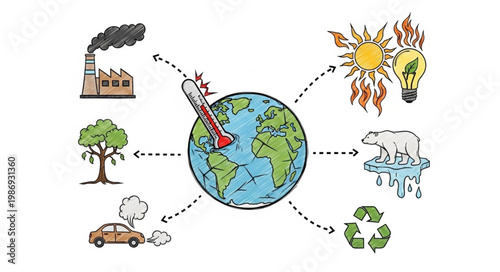 Illustration depicting the causes and effects of global warming on Earth.