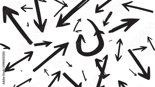 This high quality vector illustration showcases a dynamic collection of bold hand drawn black arrows pointing in diverse directions to symbolize movement, complex navigation, strategic change