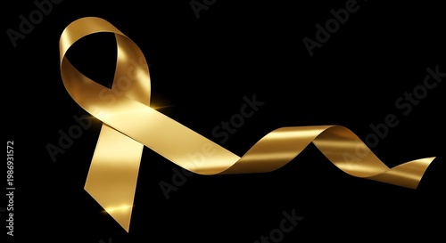 A glossy golden ribbon curls against a stark black background, symbolizing awareness