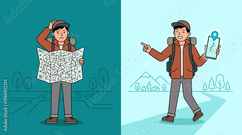 Two-panel illustration of a traveler navigating with a map and water bottle.