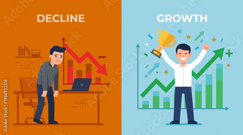 Split illustration showing business decline and growth comparison.
