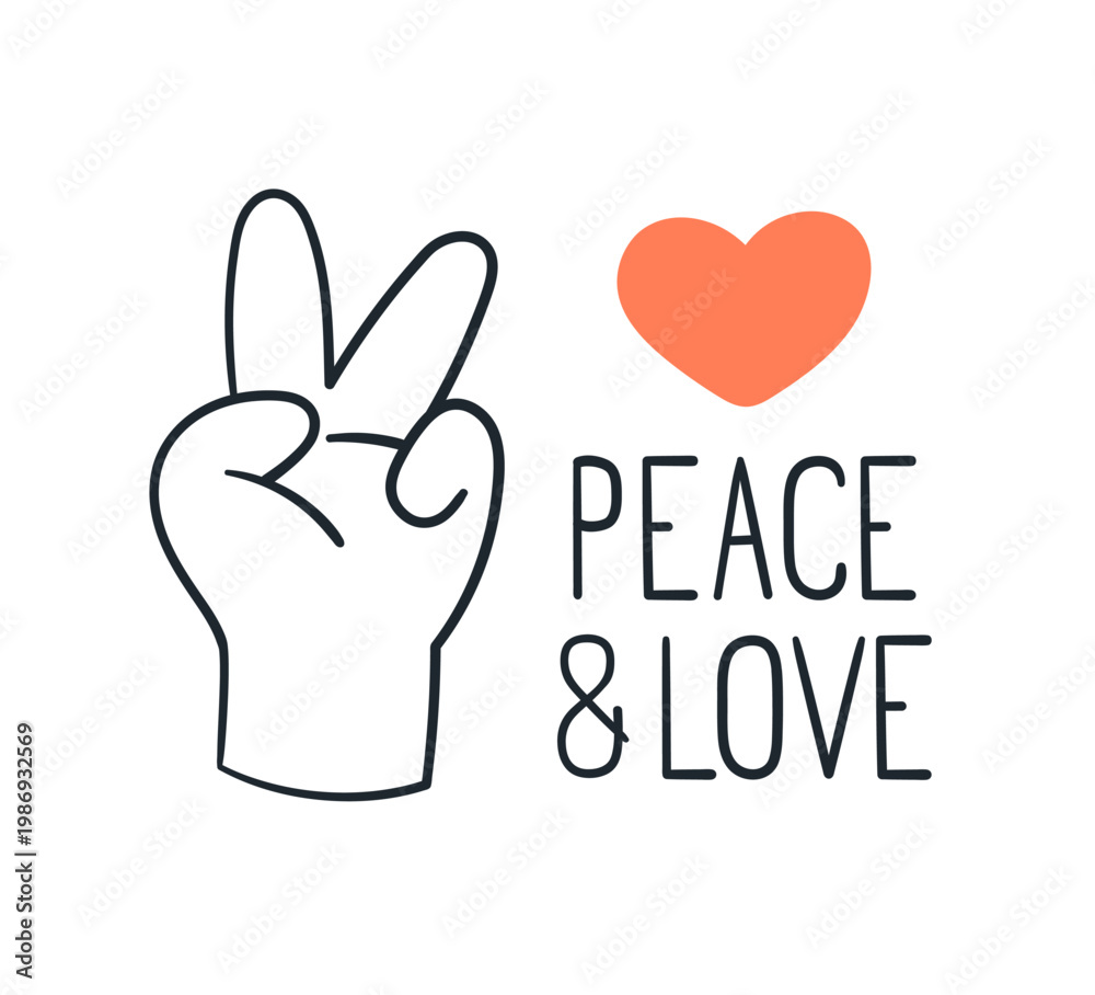 Obraz premium Peace and Love, antiwar text, phrase, slogan and heart, V sign. Peaceful victory hand gesture, anti-war motto, saying, banner design. Flat vector illustration isolated on white background