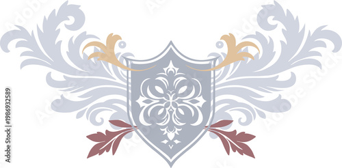 Flat, colorful composition (monogram) in a Gothic style. Ideal for vintage-themed designs. Symmetrical, botanical digital illustration on the theme of Gothic chivalry