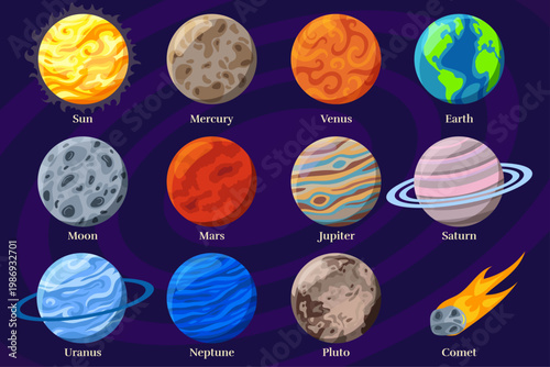 Set of planets of the solar system. Vector astronomy icons in flat style. Planets, Sun and Moon in flat style with names on dark background