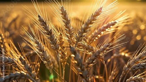 Golden Grain Field: A close-up shot of sunlit golden wheat field swaying gently in the wind. A symbol of abundance, harvest and natural beauty