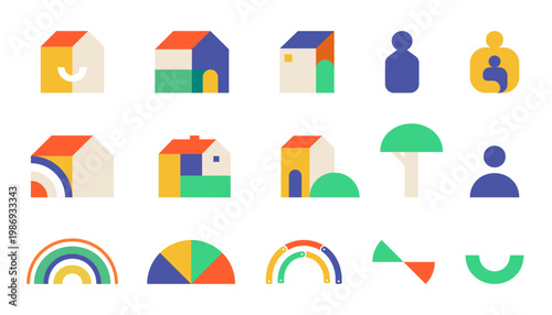 Montessori Waldorf toy house child and rainbow icon logo symbol elements for kindergarten preschool homeschool toddler learning nursery