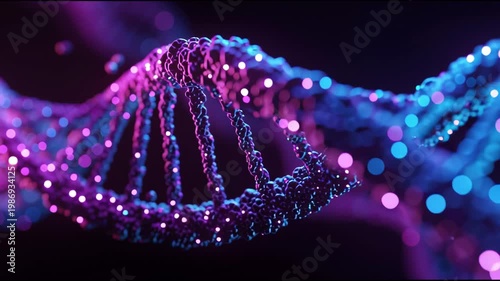 Explore the Helix Made of Glowing Digital Code in Blue and Purple Colors in a Virtual Space With a Modern Design and Advanced Technology