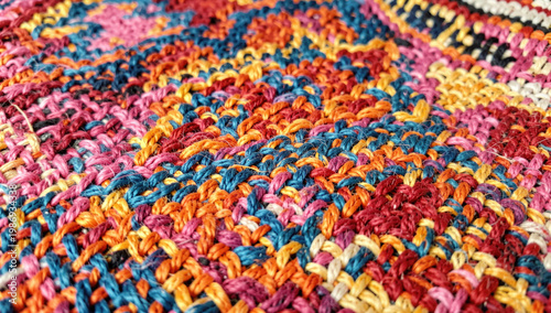 A close-up view of a colorful crocheted blanket with intricate details