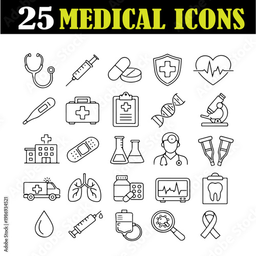 Medical icons set of 25 vector line elements, healthcare symbols for hospital and medicine, thin outline clinical equipment and doctor tools isolated PNG with Transparent Background