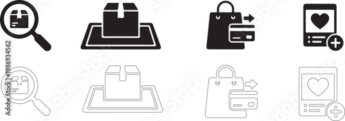 Collection of eight ecommerce icons in black and white line art style for online shopping and delivery concepts