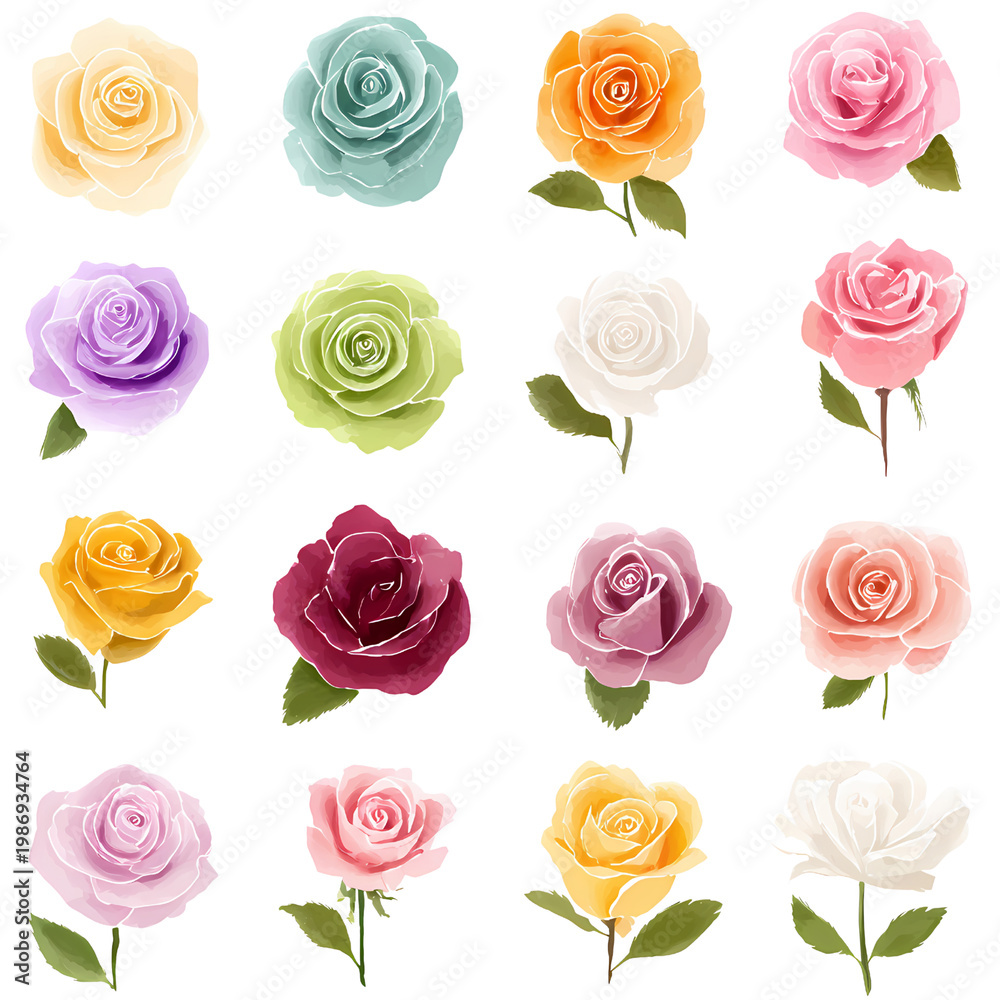 Obraz premium Comprehensive Watercolor Rose Set: 16 Multi-Colored Blossoms with Green Leaves, watercolor illustration