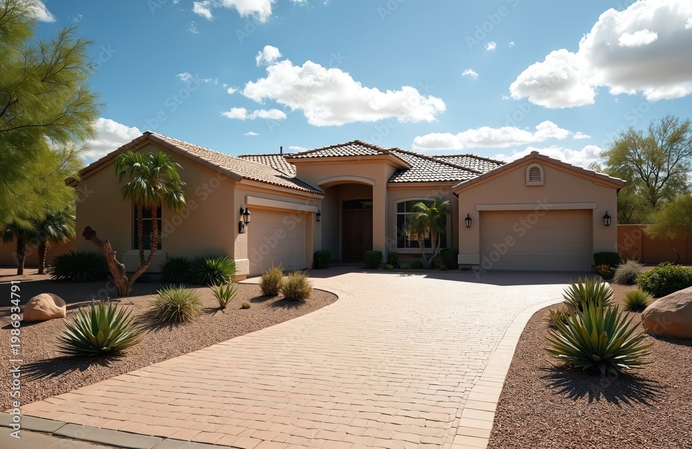 Fototapeta premium Spacious modern home exterior with beige walls tile roof and wide paved driveway. Desert landscaping with agave plants and palm trees under sunny blue sky with fluffy clouds.